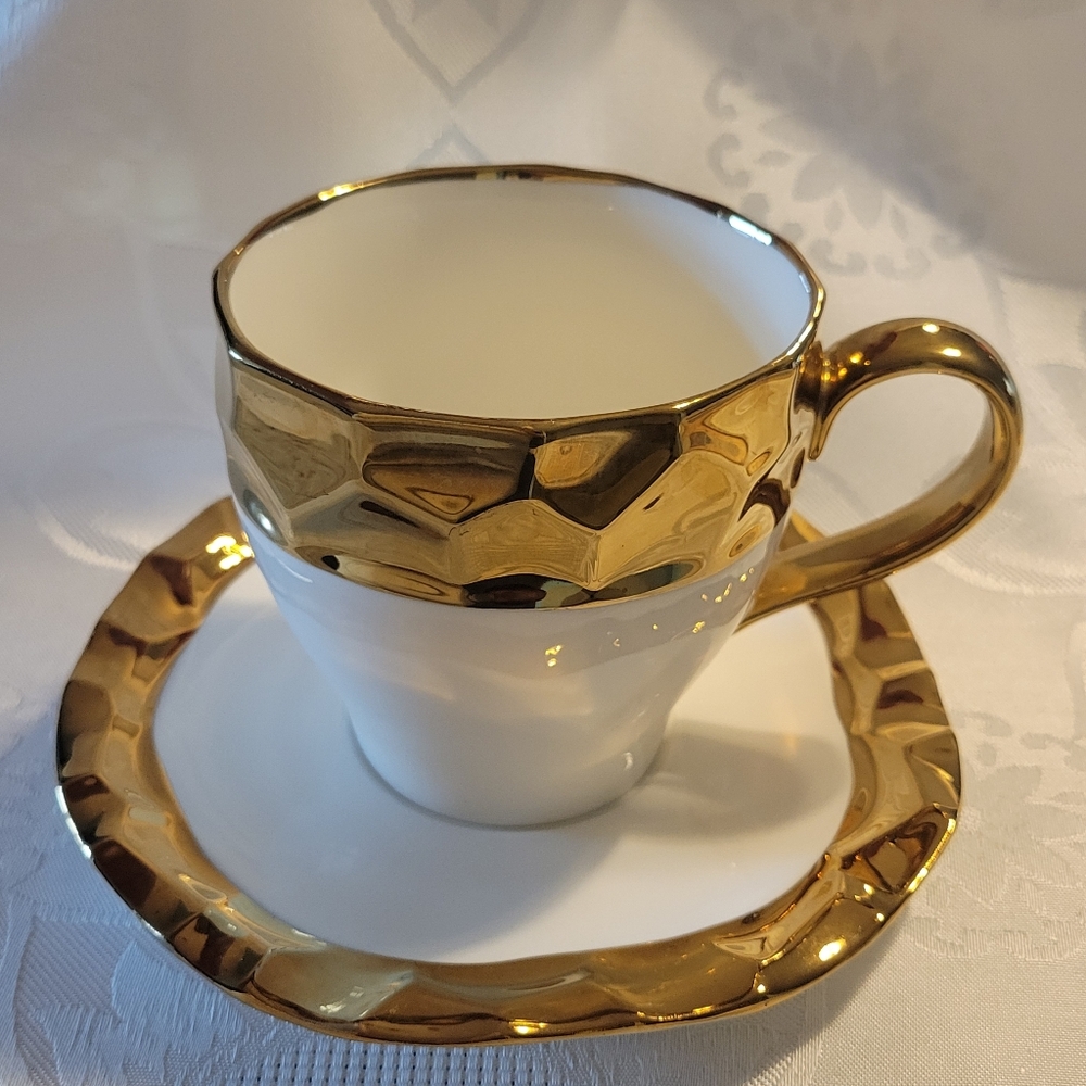 Vintage White Porcelain and 24K Gold Rimed Teacup Set Of One Made In P.R.C